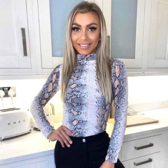 Snake Print Animal Print Long Sleeve High Neck Bodycon Bodysuit Top Leotard - Picture 4 of 5